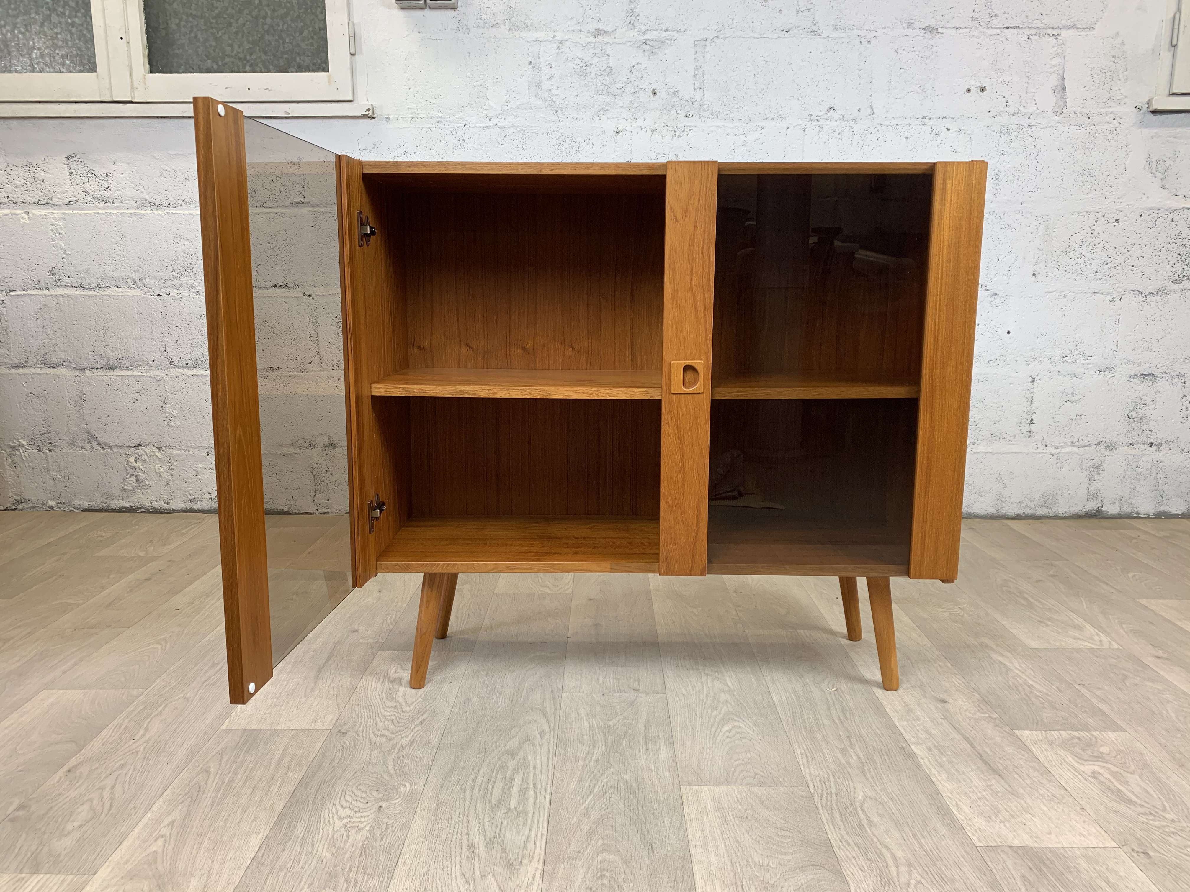 Vintage Scandinavian teak buffet with smoked doors, 60s