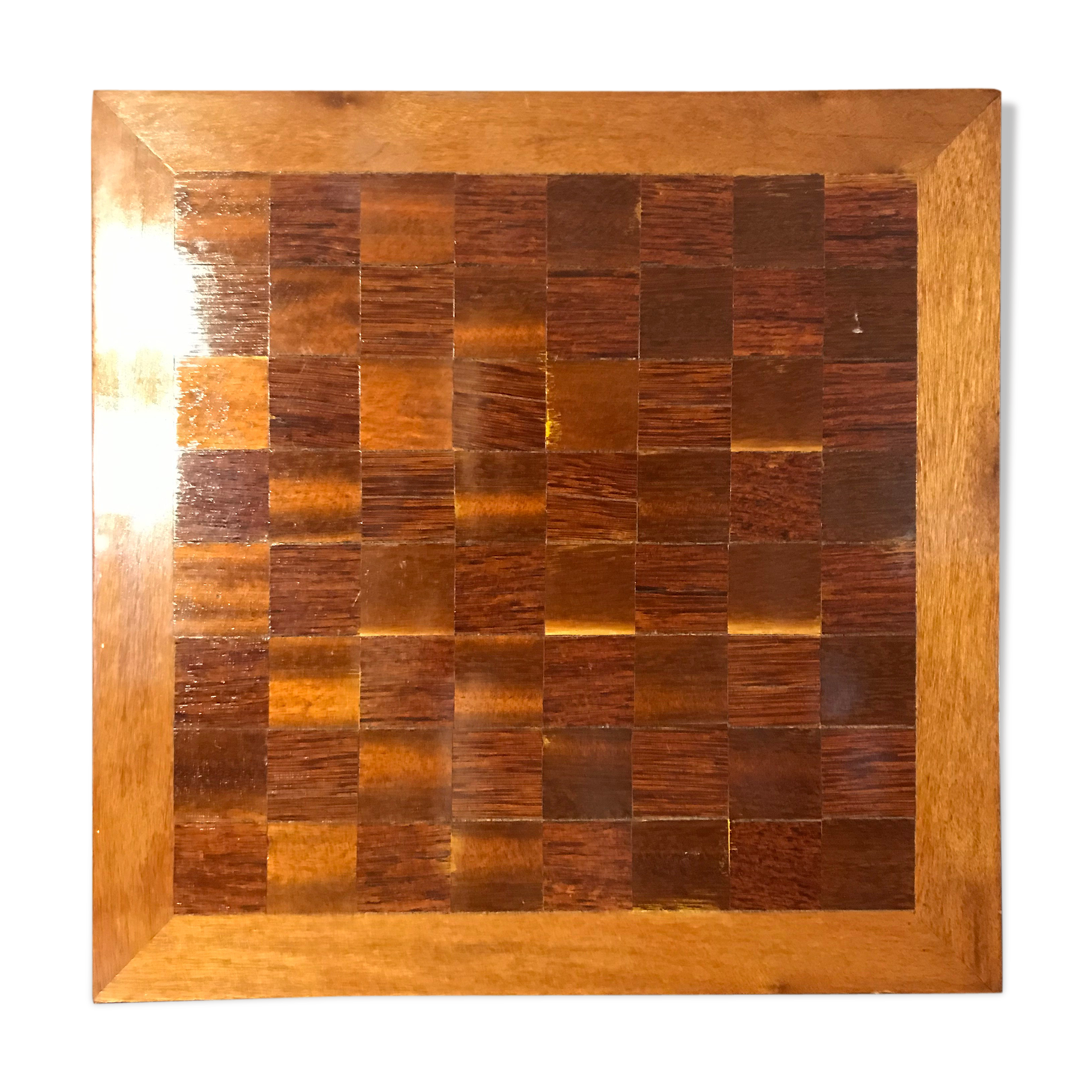 Antique checkers & chess board inlaid with vintage wood marquetry