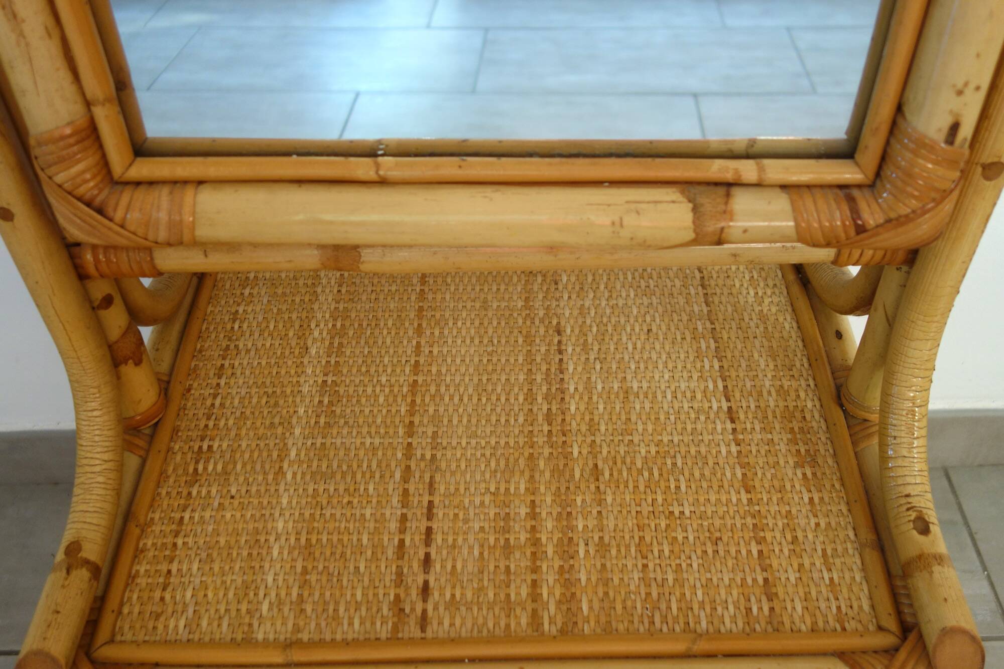 Woven wicker and bamboo full-length mirror, 70s/80s.