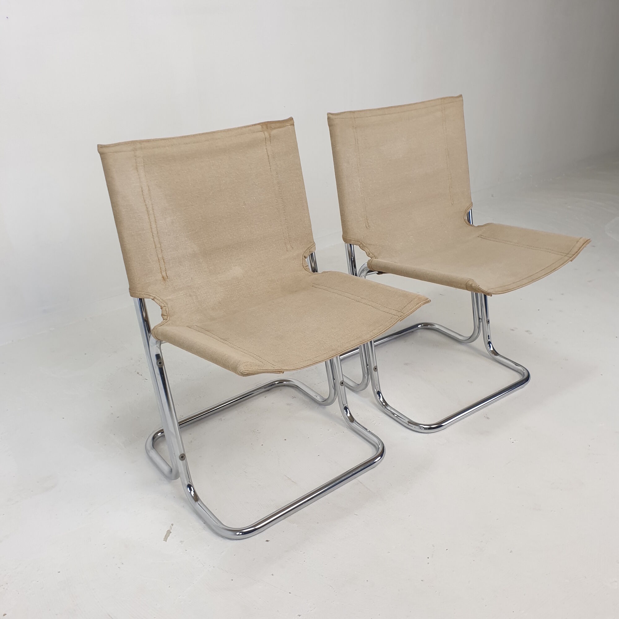 Set of 2 italian canvas and chromed metal chairs, 1970's
