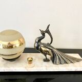 Art deco peacock lamp in regule on marble