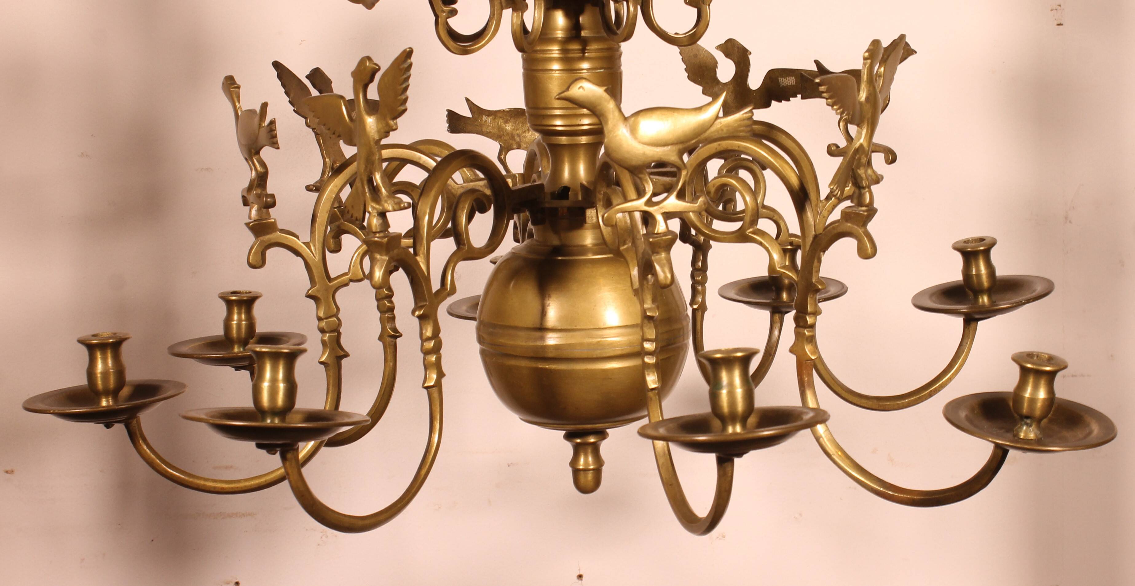 Bronze 8-Branch Chandelier Decorated with Birds