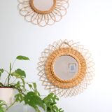 Large vintage mirror, round with wicker frame