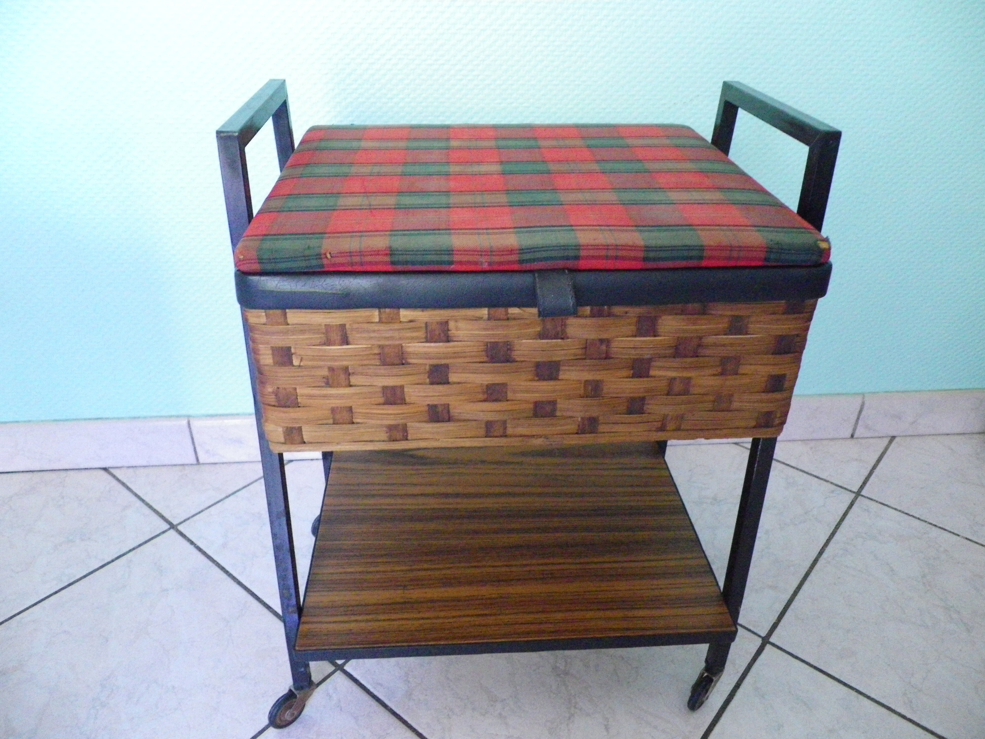 Vintage worker on wheels, rattan, fabric, skaÏ, metal with formica shelf