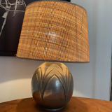 Vintage lamp in brassware René Delavan, pewter and raffia