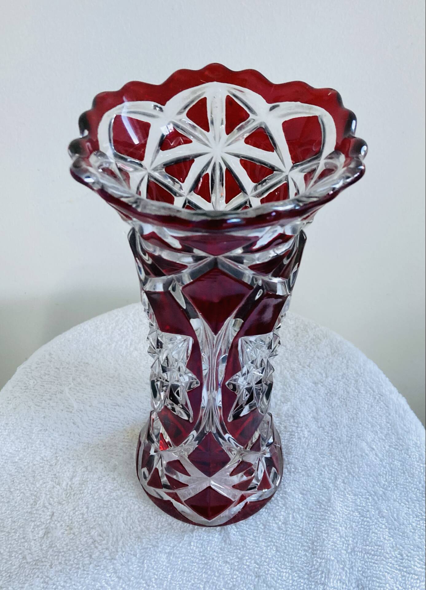 Antique bohemian crystal vase from the mid-20th century in bacara style.