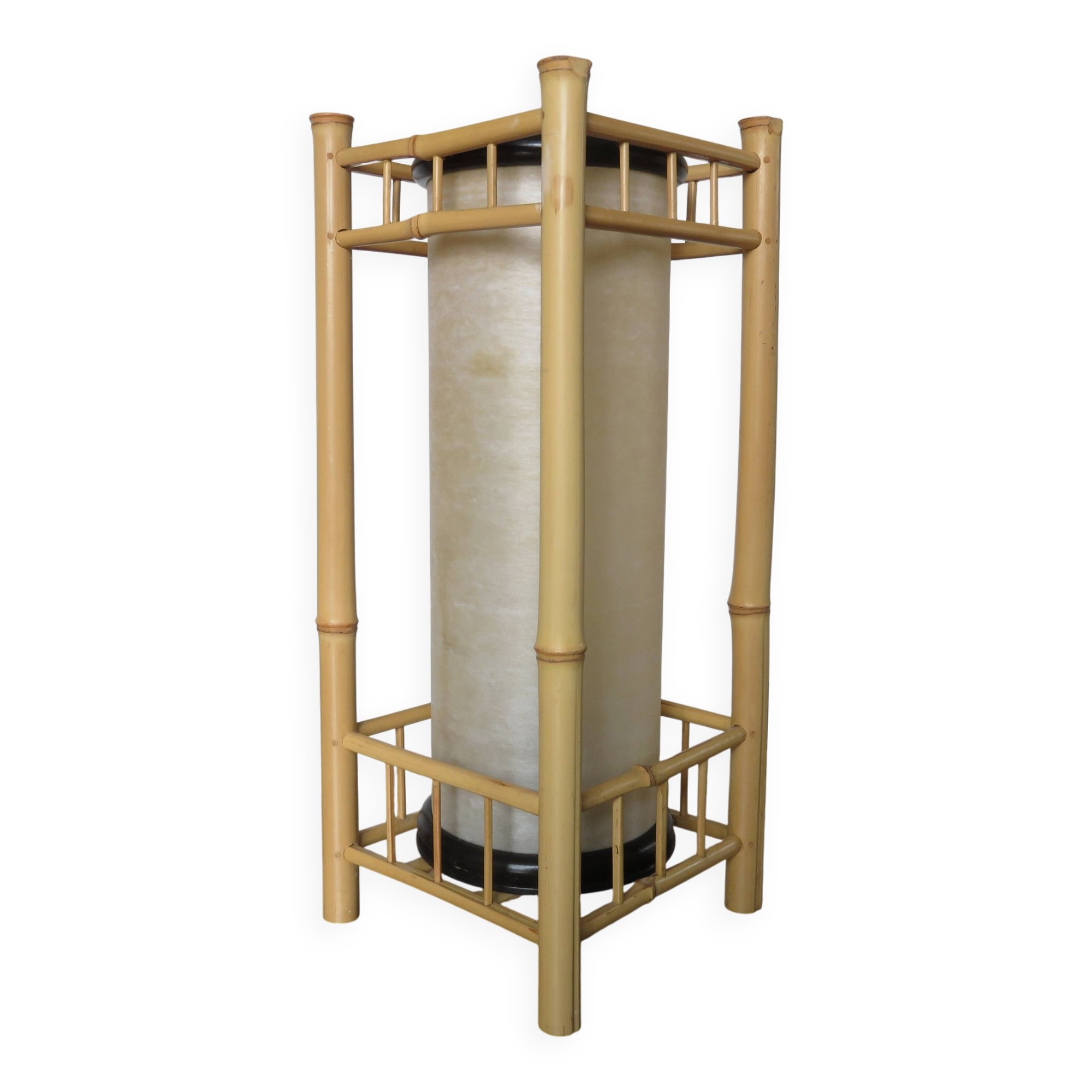 Grande lampe en bambou abat jour tubulaire années 70 80