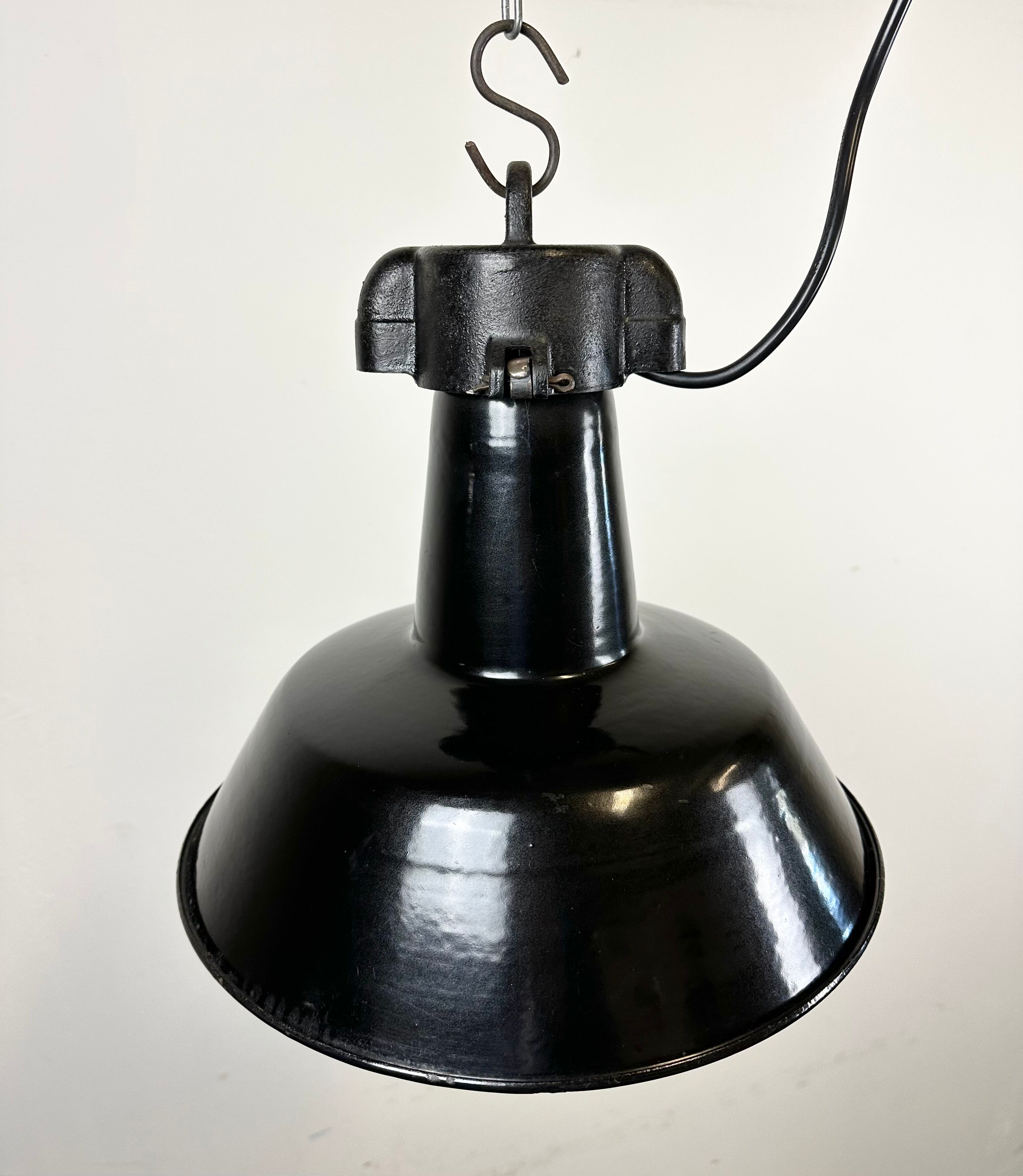 Industrial Black Enamel Factory Lamp with Cast Iron Top, 1960s