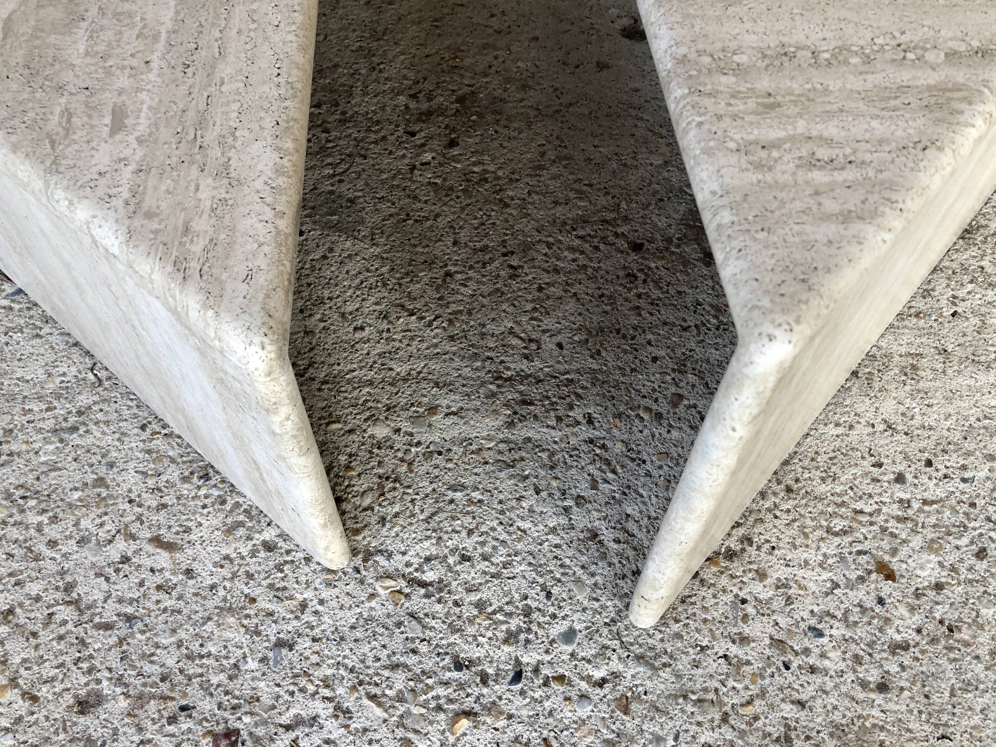 Pair of triangular coffee tables in travertine, Italy circa 70 / 80