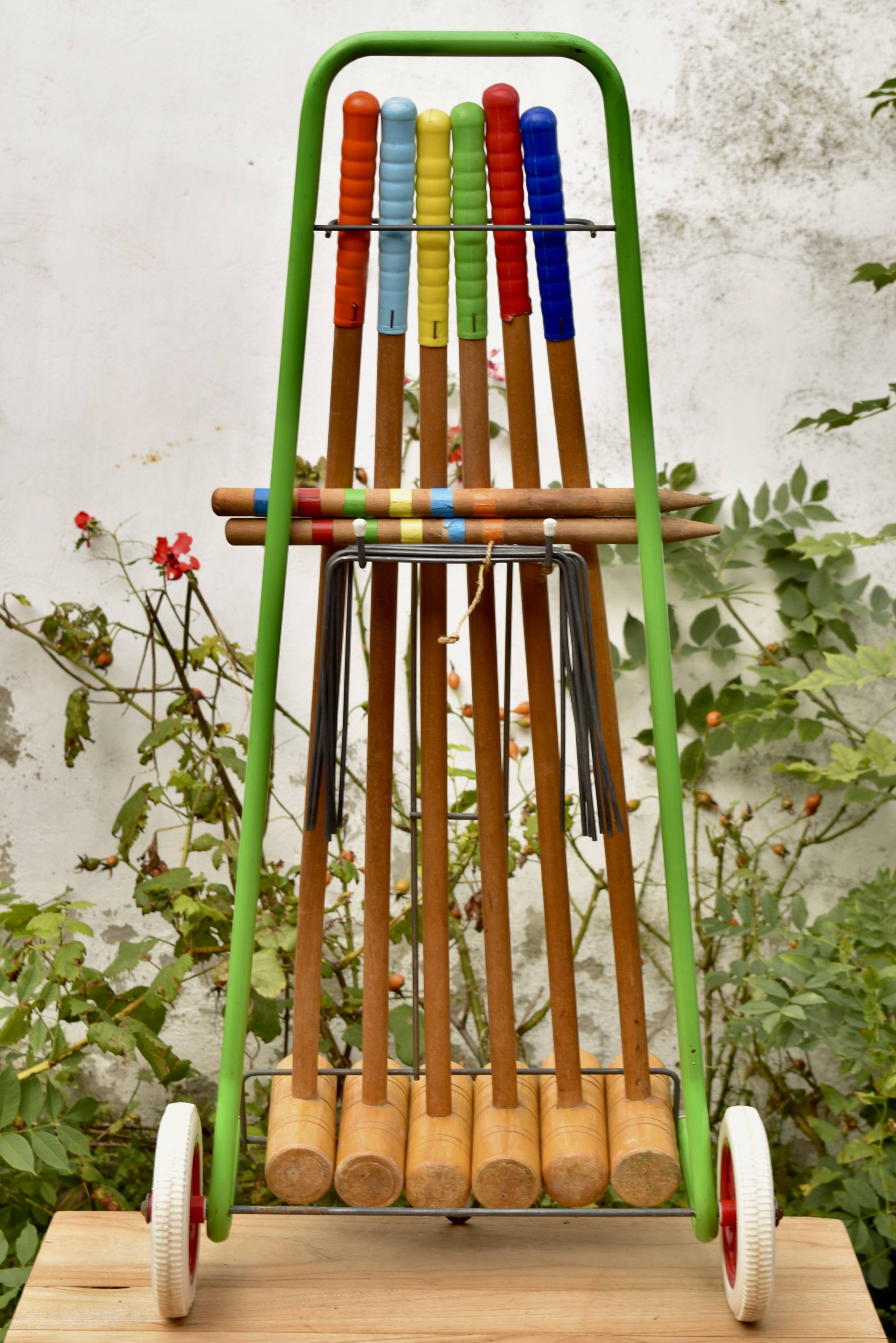 Old large wooden croquet game - metal cart - 1970