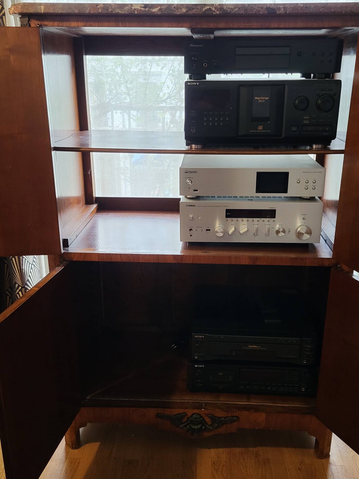 High sideboard in rosewood and marble slab, Louis XVI style, French