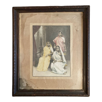 Indian vintage studio photo recolorized featuring 3 women in wooden frame