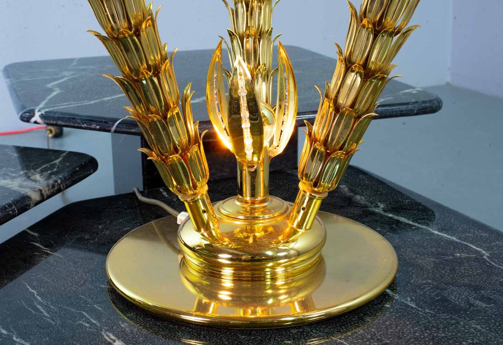 Exquisite Italian Golden Palm Tree Floor Lamp with 3 Sparkling Branches 70s