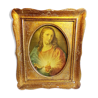 Carved Wooden Frame with Sacred Heart of Jesus - French Religious Item - Christian Wall Art