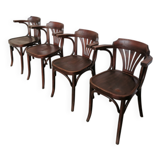 Ensemble de 4 chaises de salle à manger vintage en bois courbé : fauteuil de style Thonet du milieu du siècle