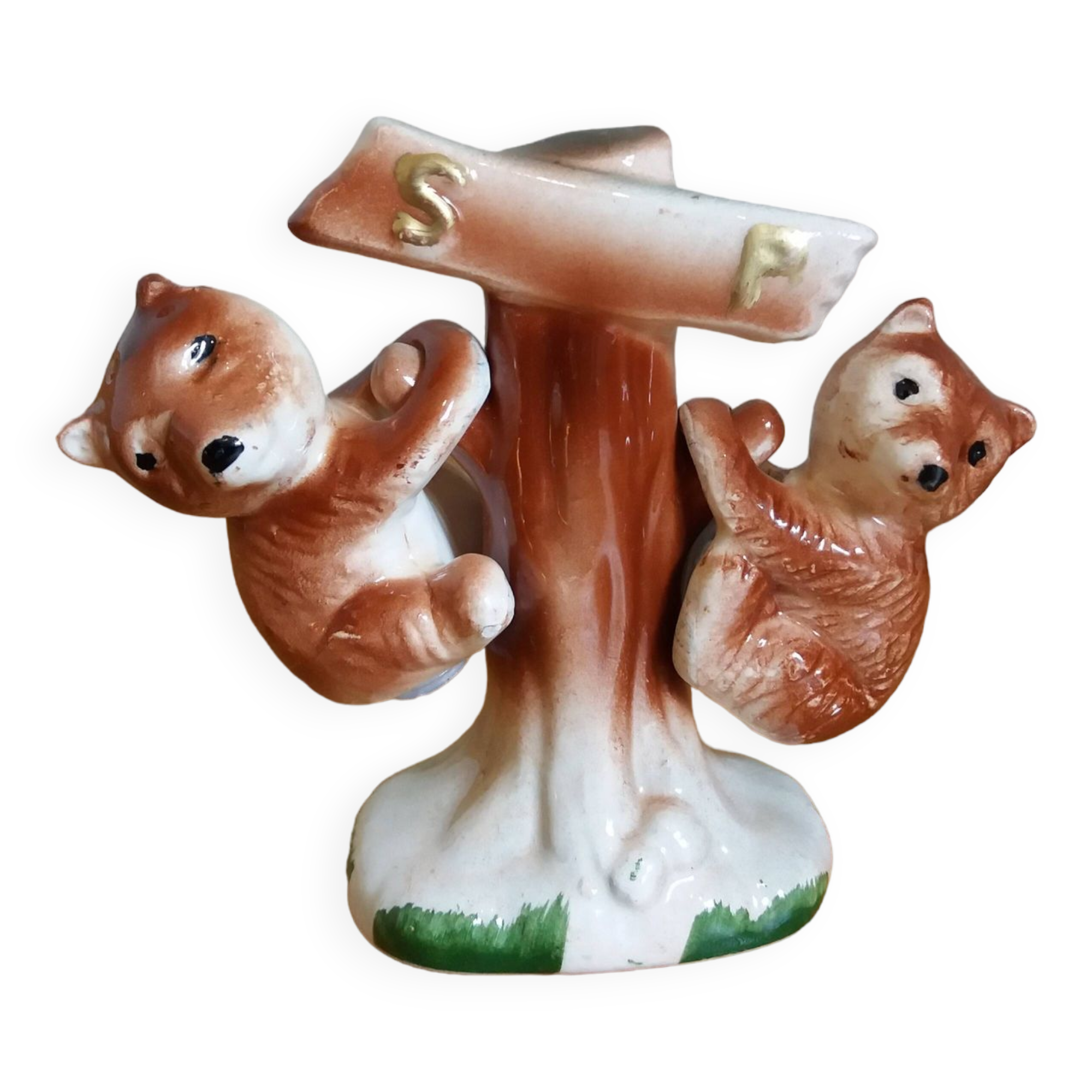 Zoomorphic salt and pepper shaker bears in slip