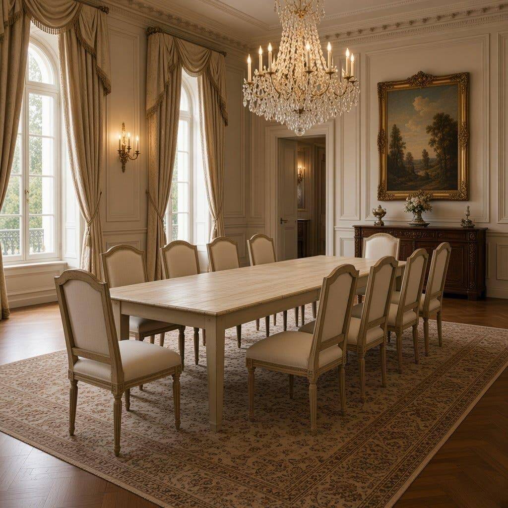 XL vintage dining table in white wood / dining room table