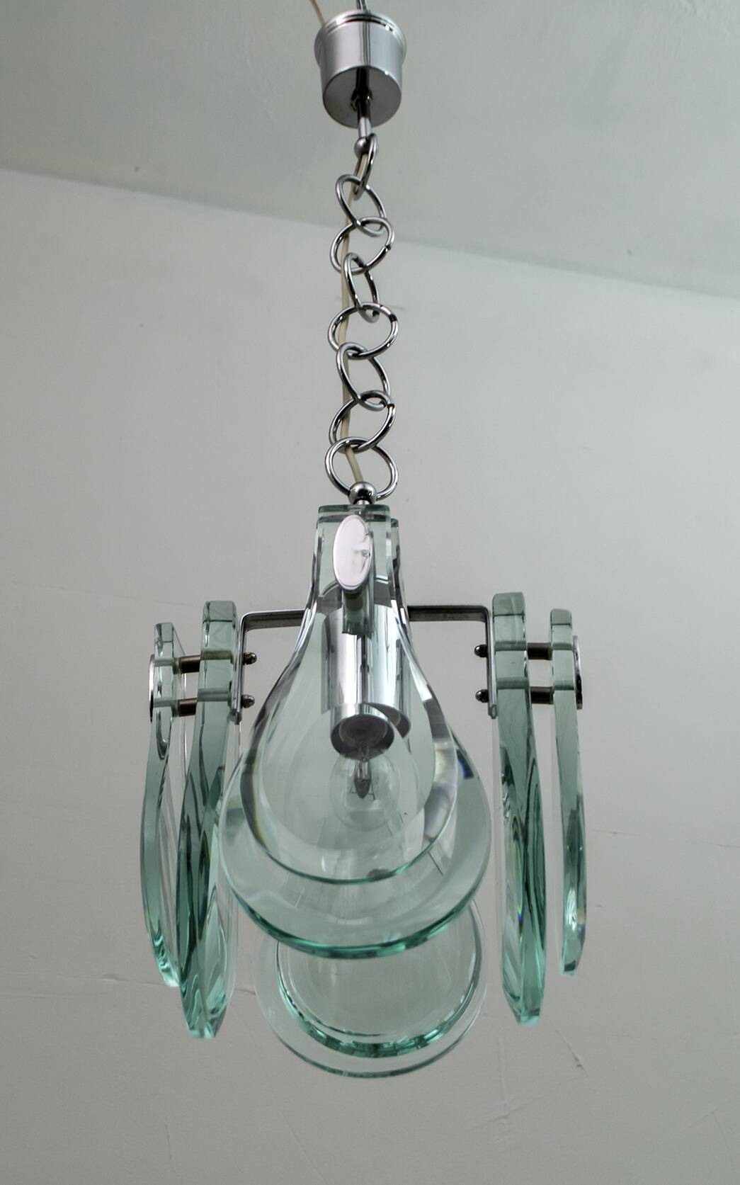 Mid-Century Modern Italian Chrome and Thick Glass Pendant by Veca, 1960s