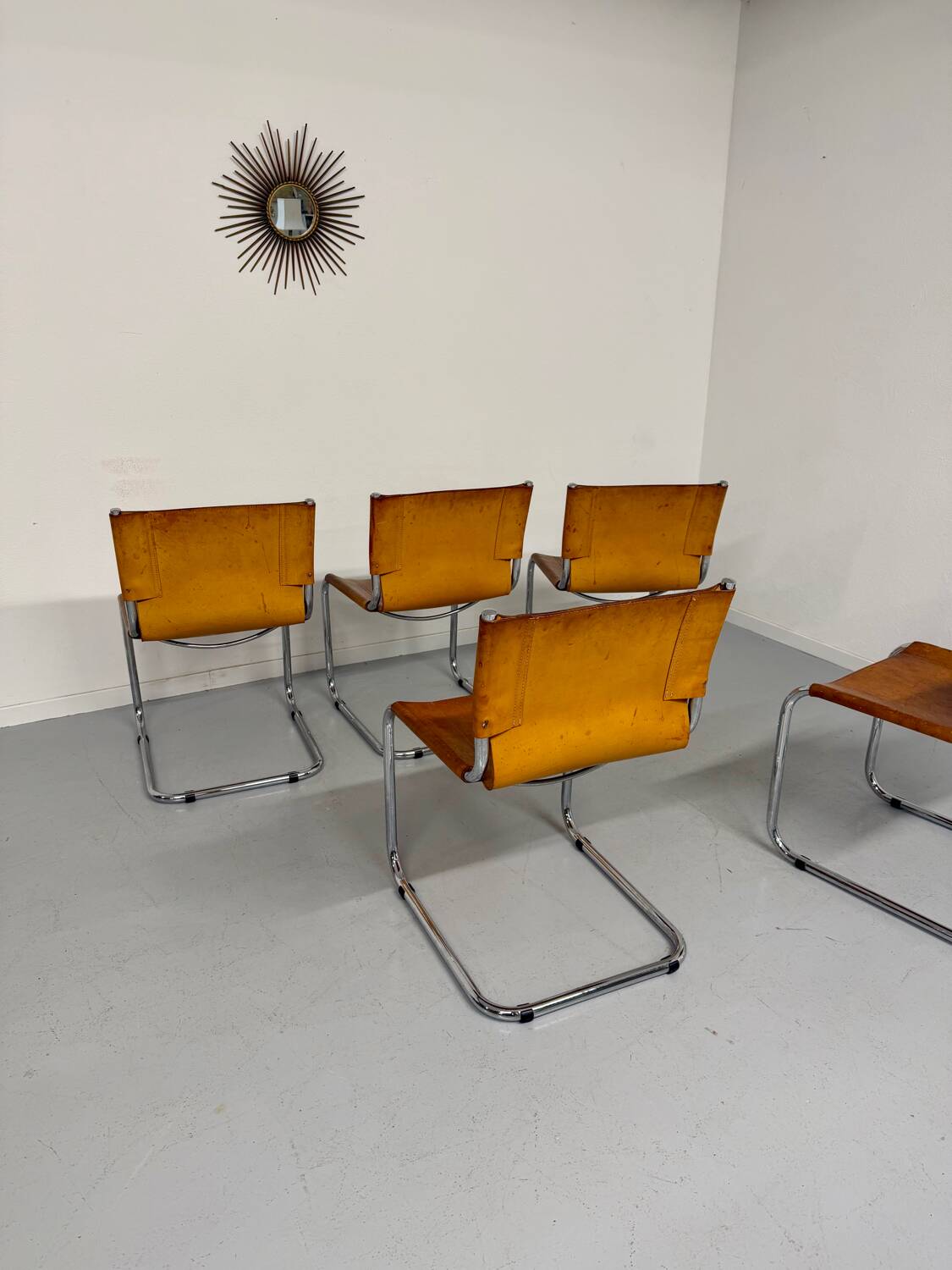 Lot of 5 tubular chairs Mart Stam edition Fasem vintage patinated leather