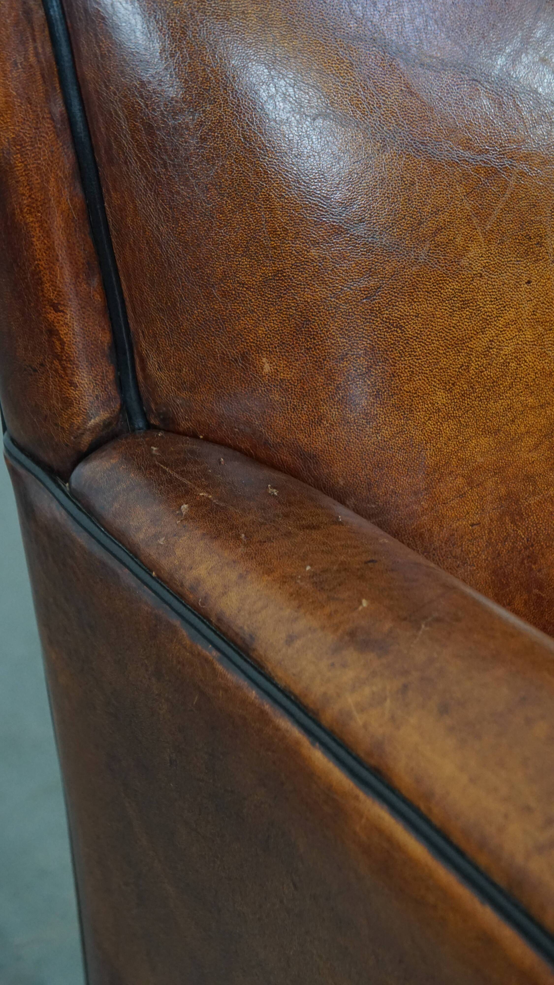 Sheepskin Leather 2-Seater Art Deco Sofa