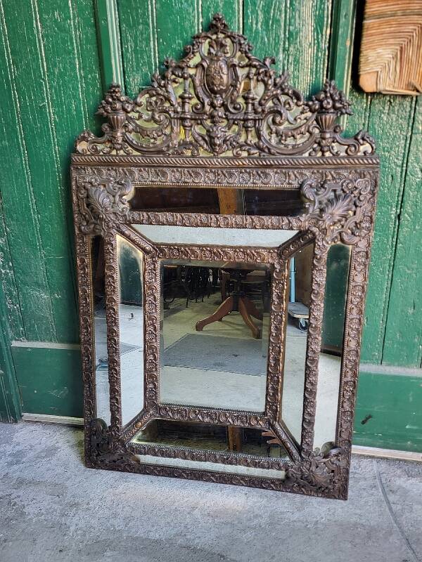 Louis xvi style repousse brass mirror with glass beads