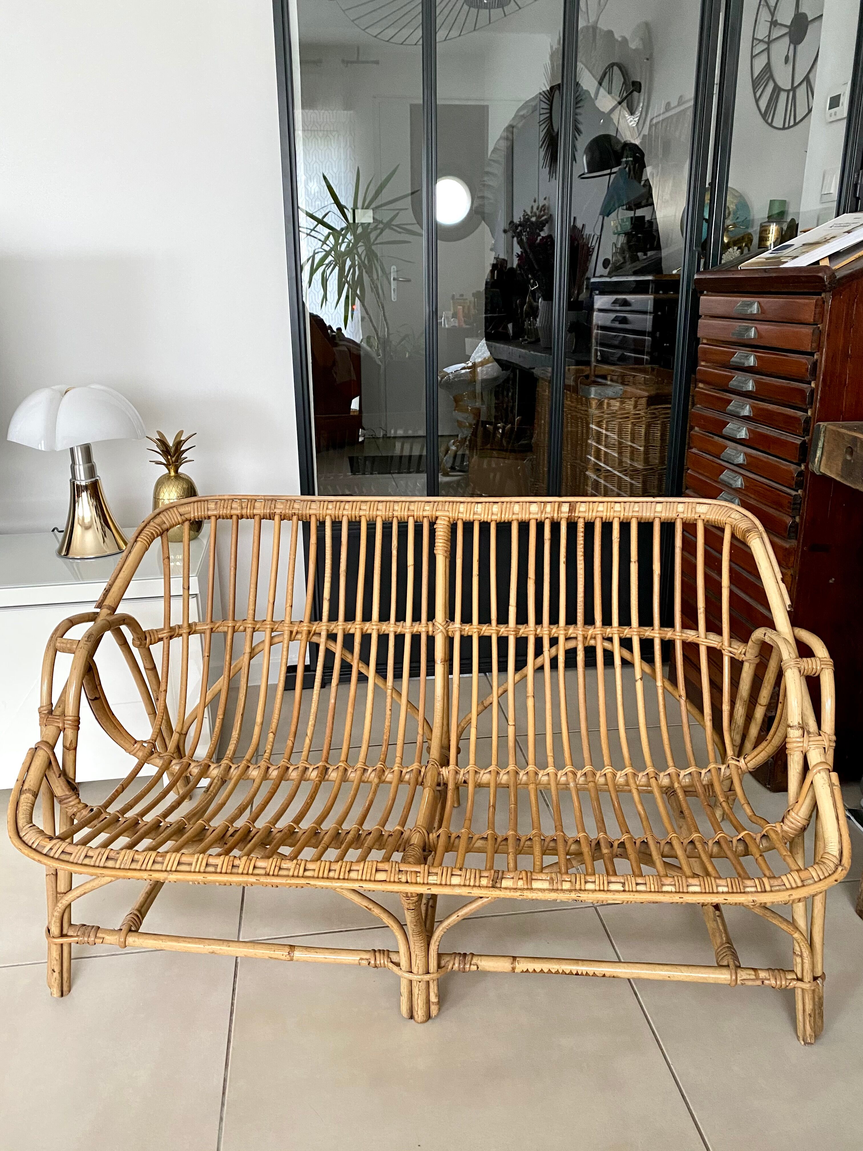 Vintage rattan bench sofa