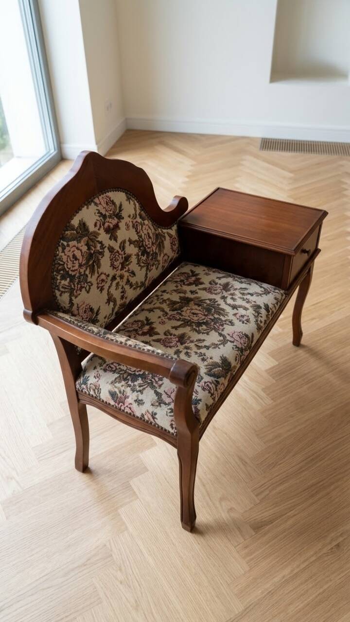 Antique wooden telephone bench in dark brown.
