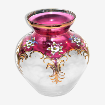 Vase boule vintage en verre émaillé de fleurs en relief