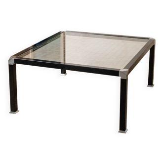 Vintage black lacquered metal side table with checkered glass top in Memphis style, Italy, 1980s