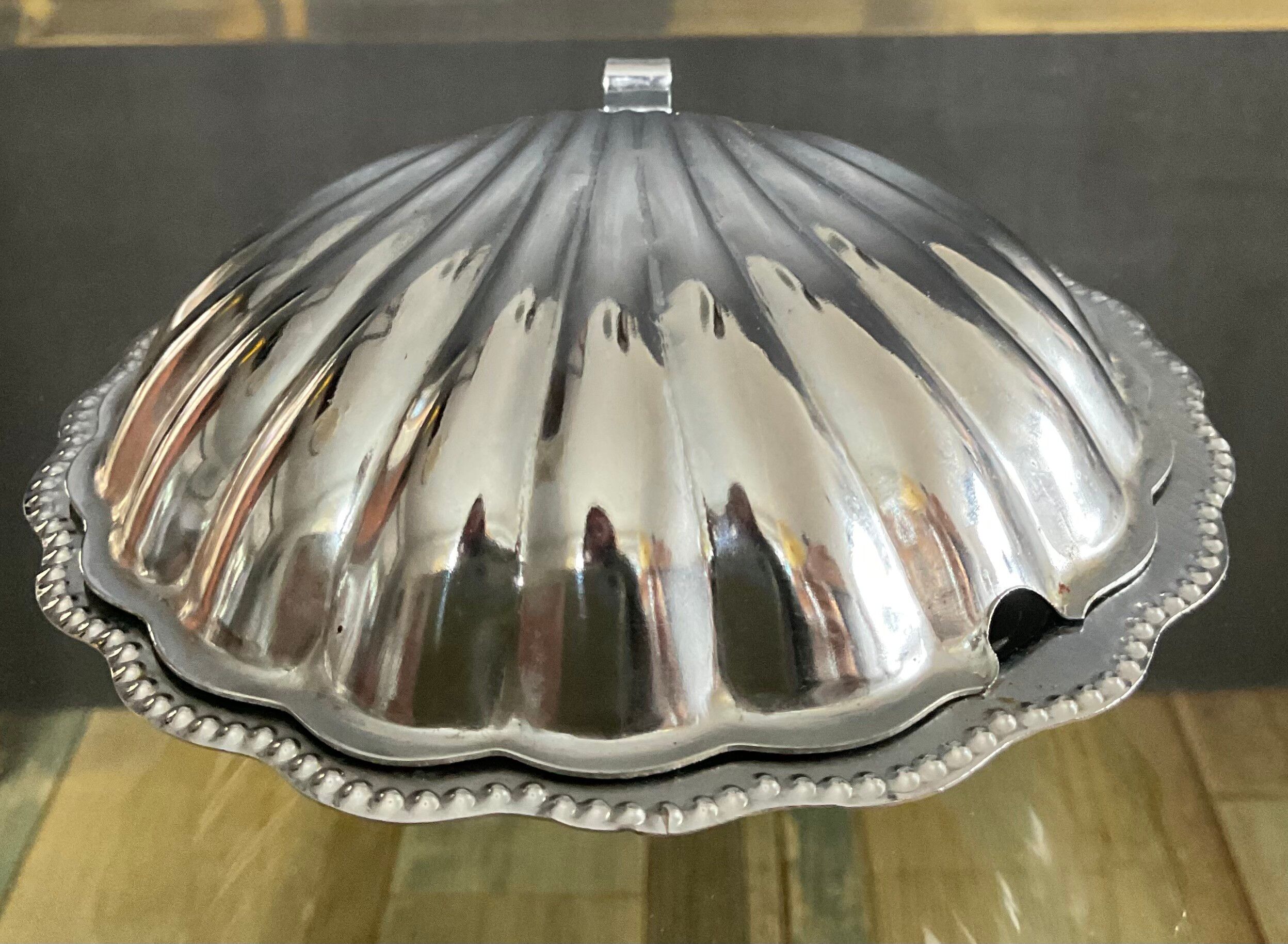 Vintage shell butter dish in glass and stainless steel