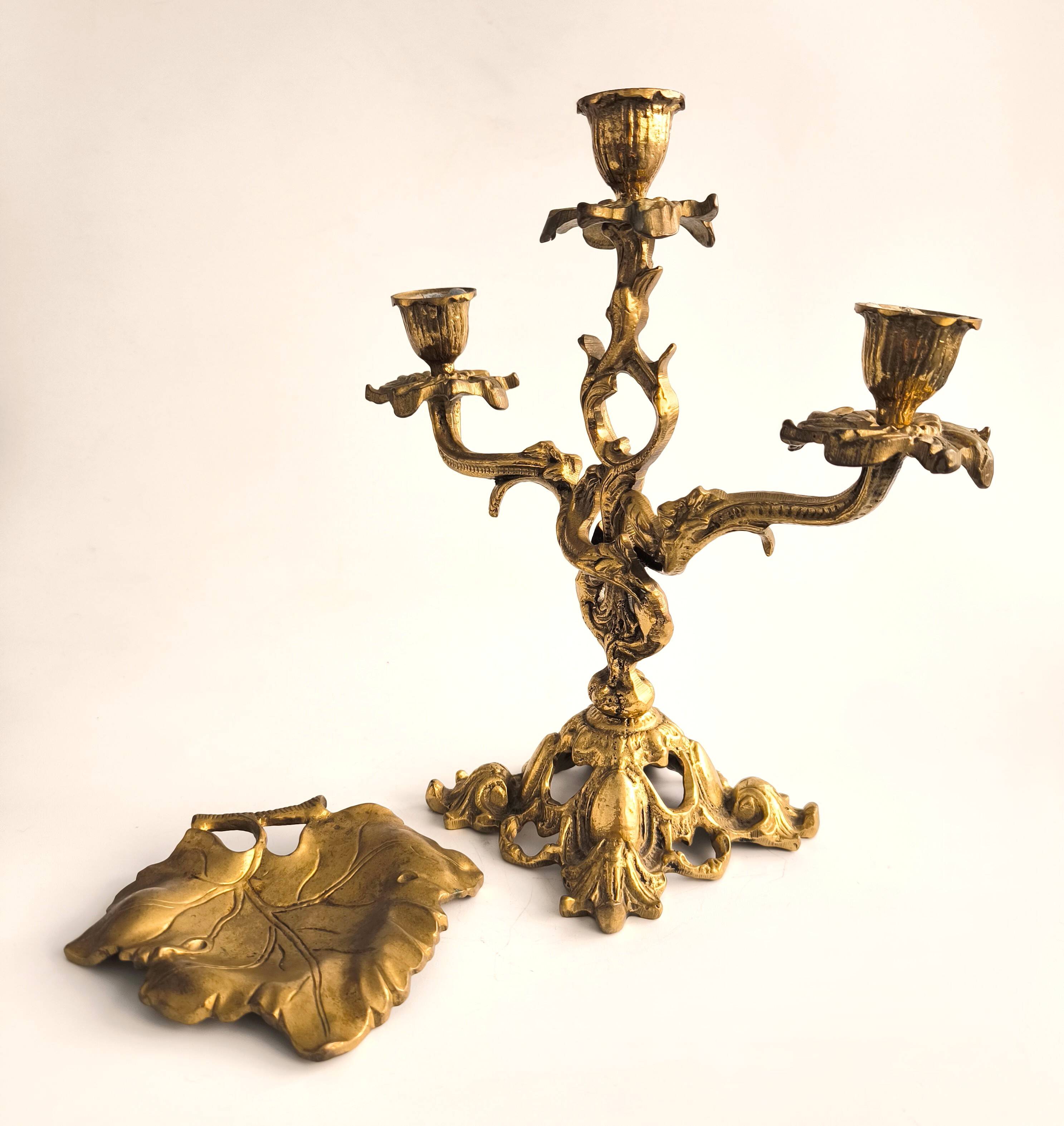 French Dessert Set: Candelabrum and "Feuille" Tray in Gilded Bronze