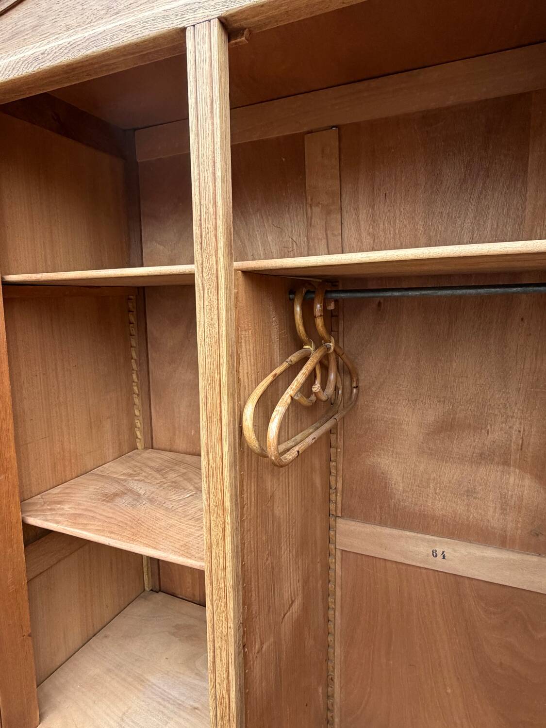 Parisian hotel wardrobe with bevelled mirror, solid raw oak, 1920.