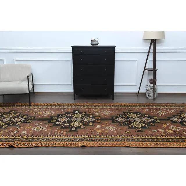 1970s Vintage Turkish Handmade Wool & Cotton Brown Runner Rug 178x475