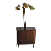 Art Deco drinks cabinet in brown walnut with integrated lamp and brass, 1950s.