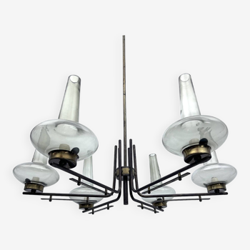 Mid-Century Italian six arms chandelier in brass and fume glass. 1950s