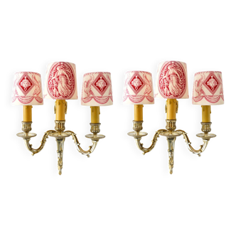 Paire d'appliques 3 branches avec abat-jours écrans