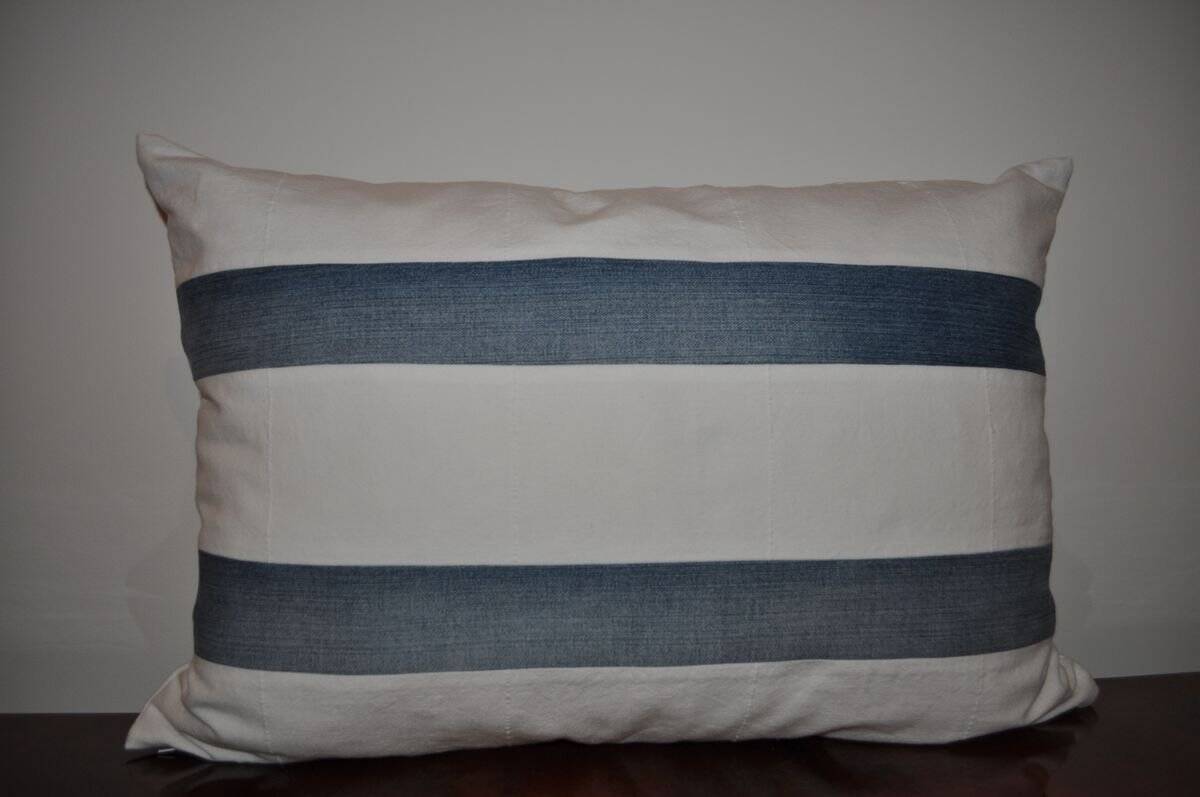 Lot de 2 coussins vintage rayés bleu et blanc en lin, 65 x 40 cm