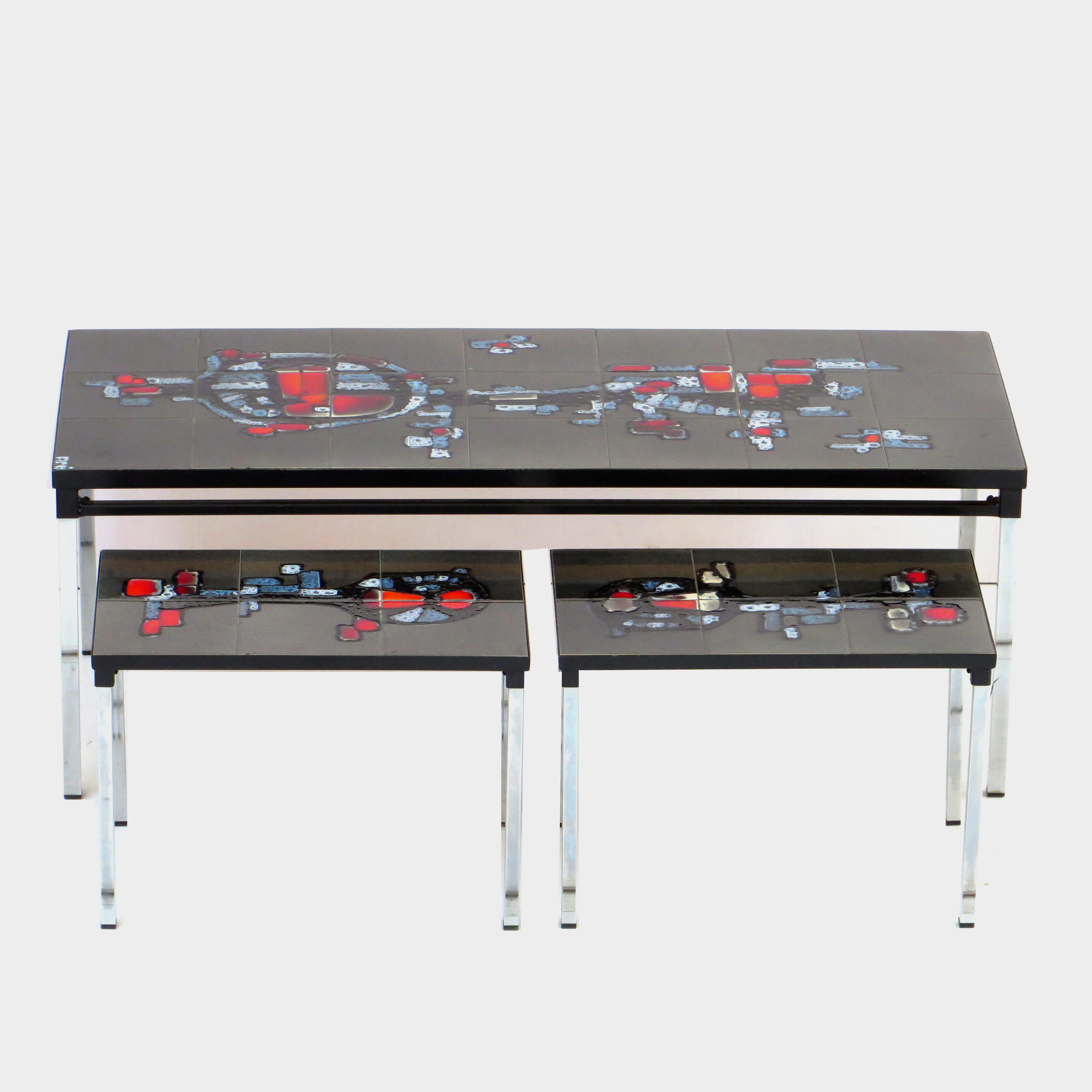 Vintage Adri Belgique ceramic nesting tables mimiset: 1 coffee table and 2 sidetables, 1960s