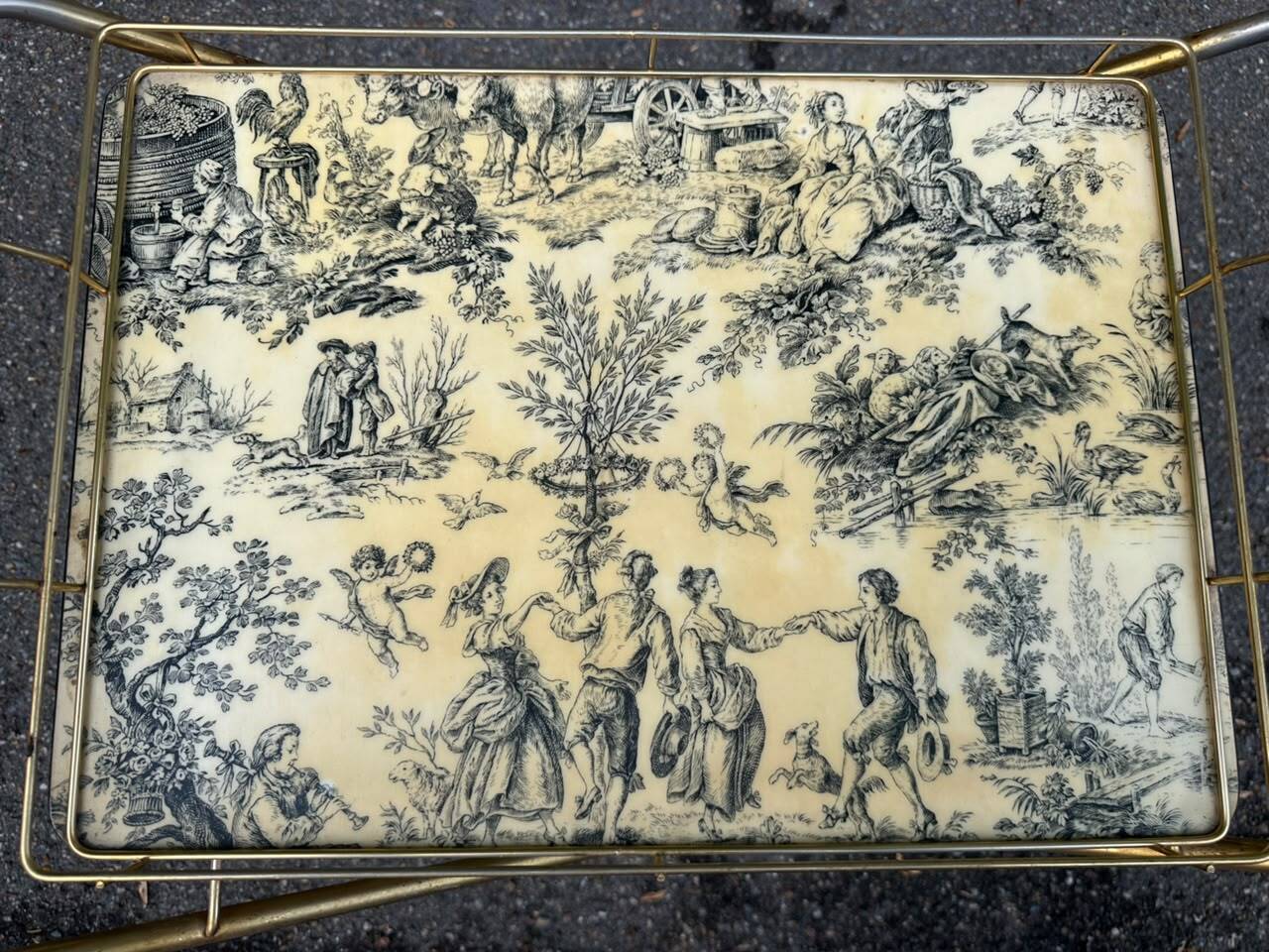 Vintage gold folding wheeled dessert trolley Toile de Jouy 1970s bar furniture