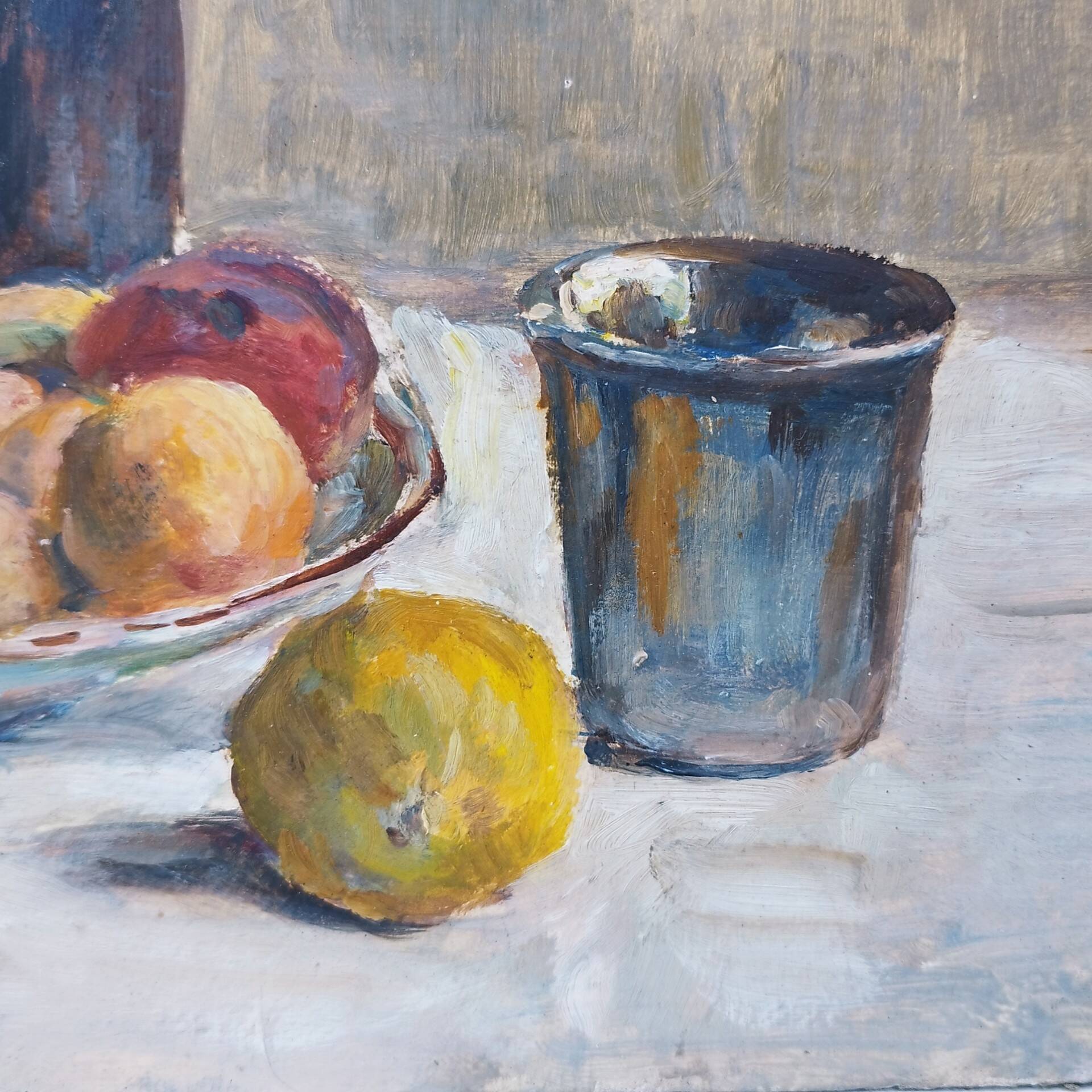 Still life painting fruit basket cider gouache