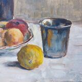 Still life painting fruit basket cider gouache