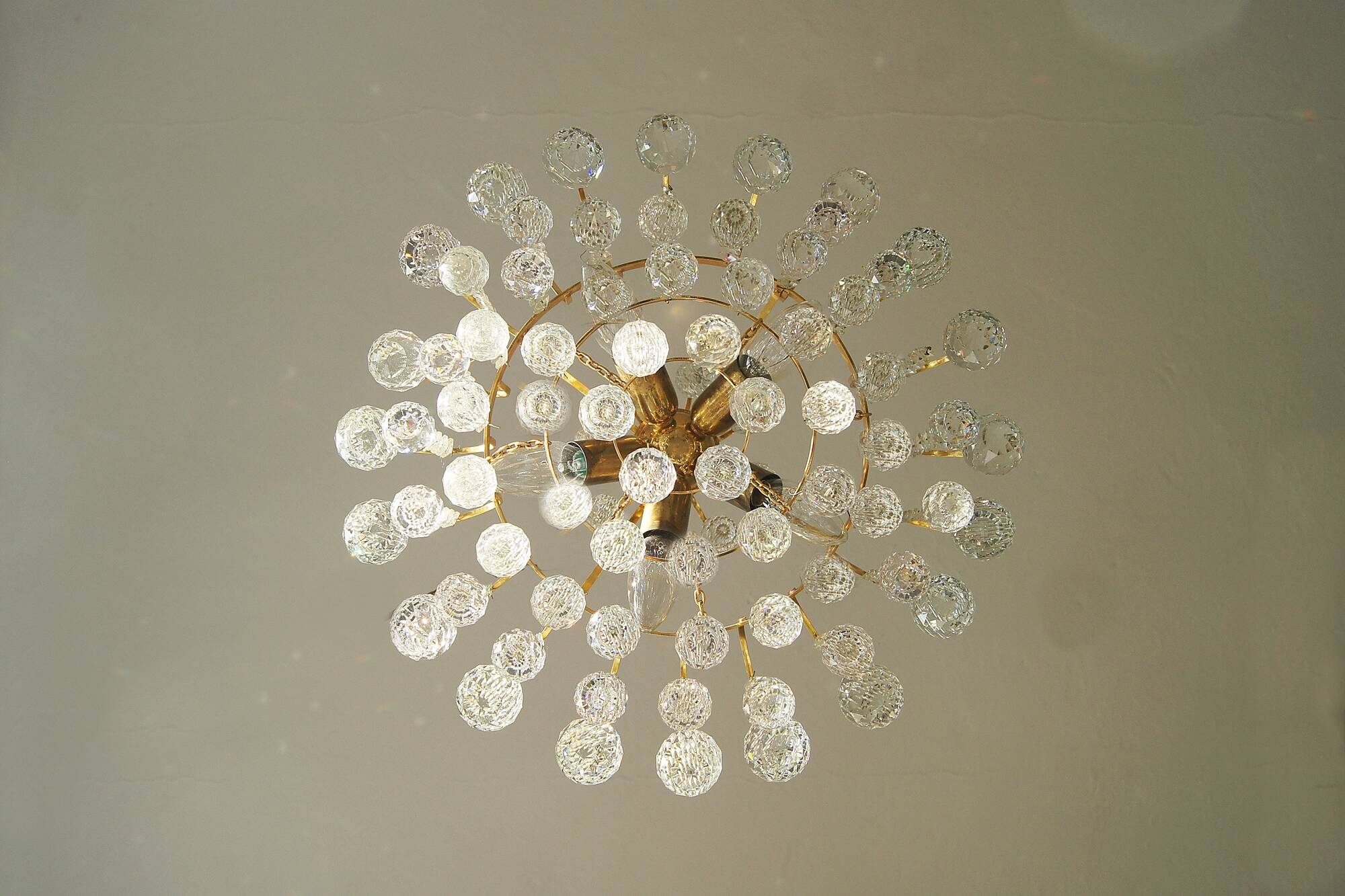 Large mid-century brass & crystal glass ceiling lamp from christoph palme