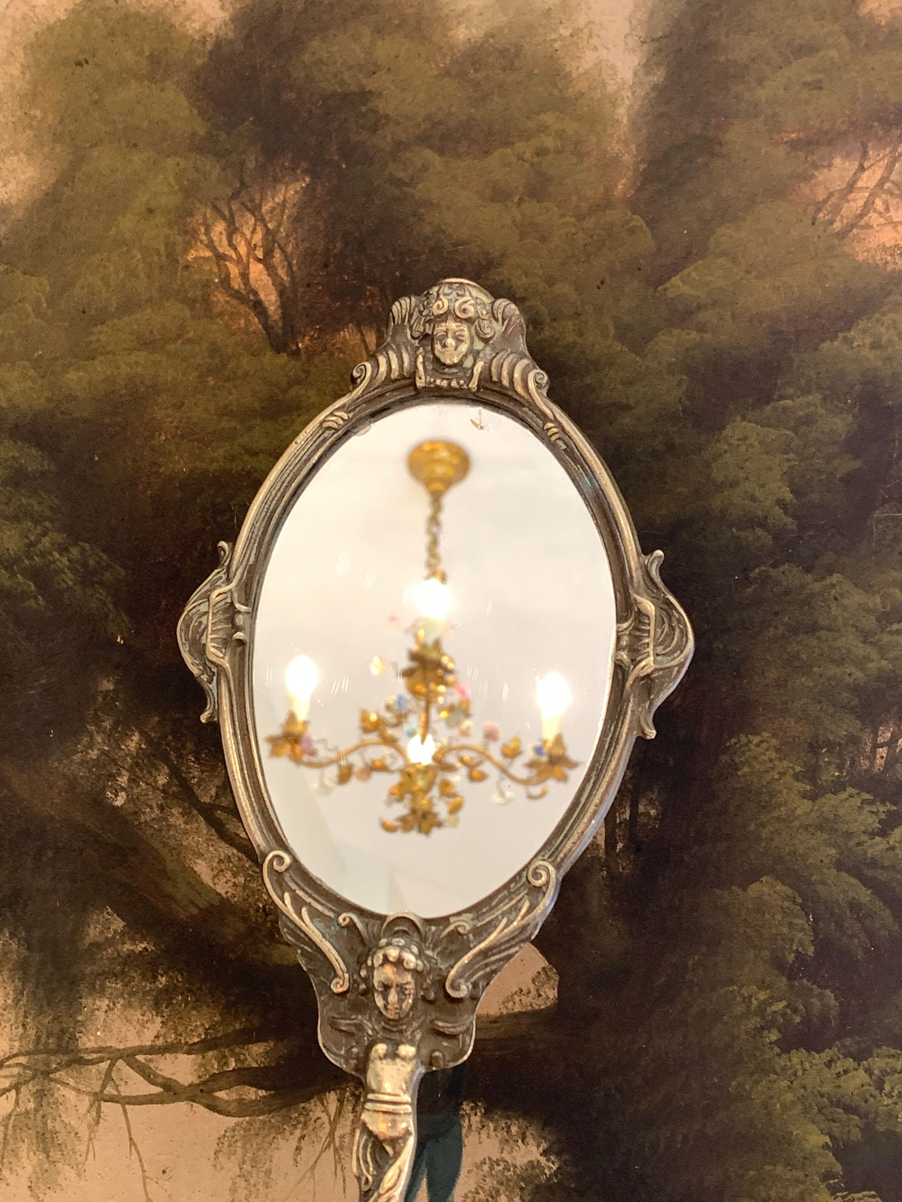 Bronze hand-facing mirror, early twentieth century, Louis XV style, 29 x 13 cm
