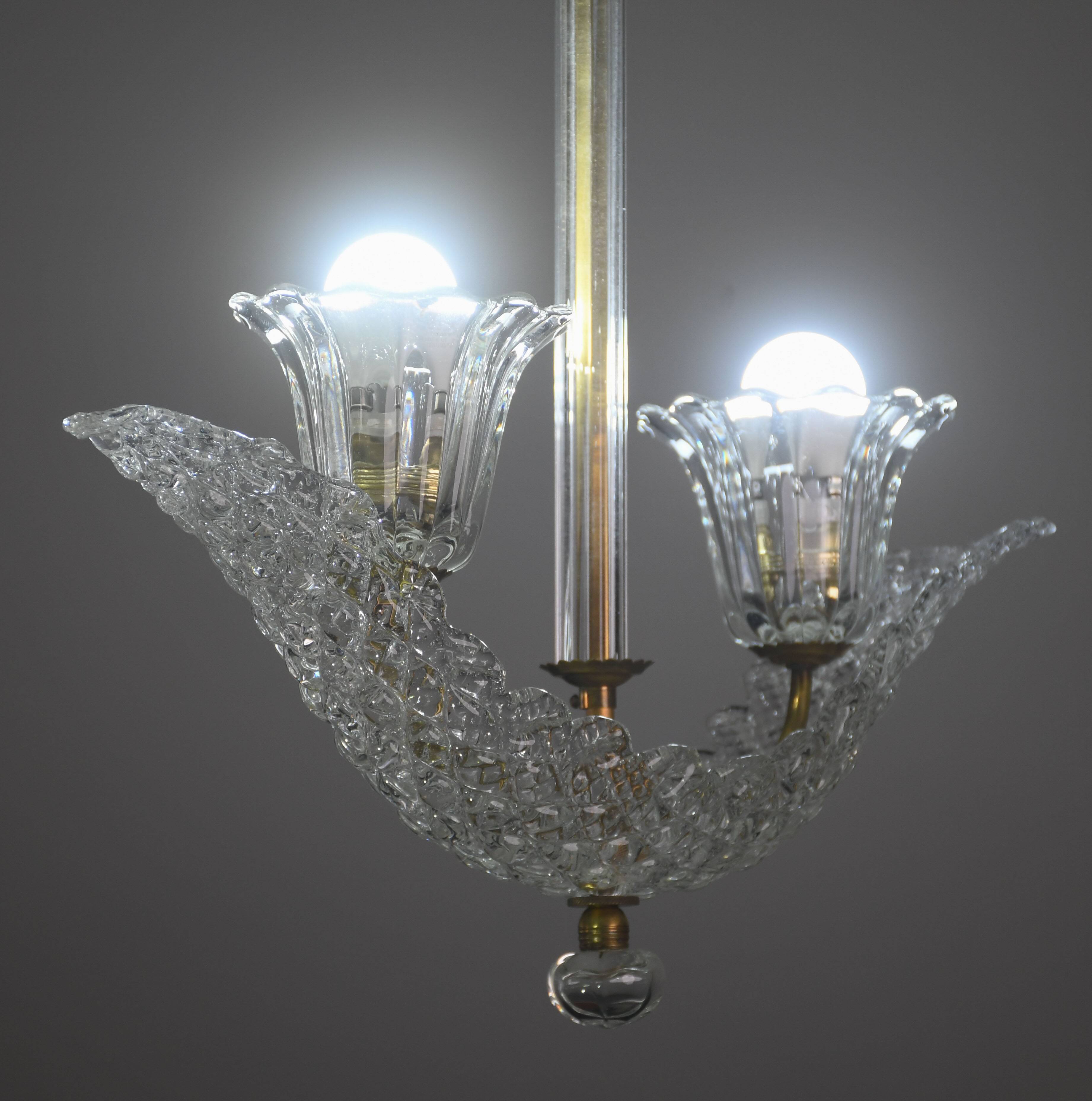 Elegant 2 cup Barovier Art Deco chandelier, Murano glass, brass structure 1940s