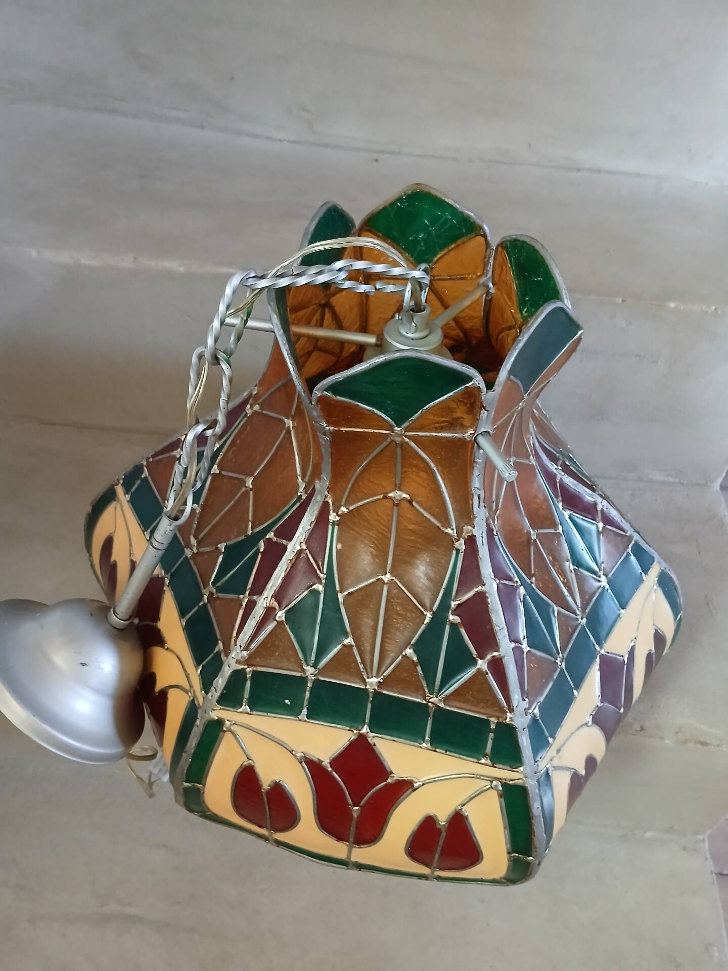 Vintage pendant light with multicoloured stained glass.