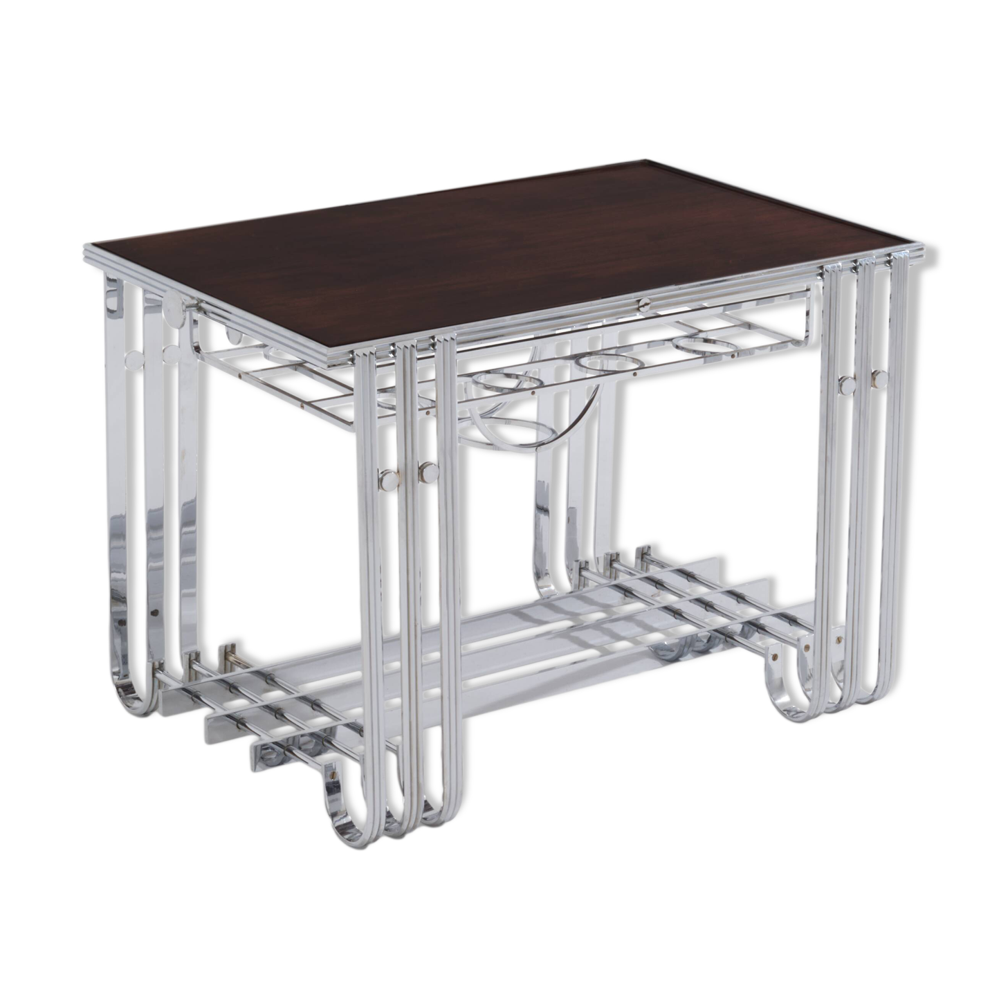 Modernist Art Deco walnut and nickel-plated metal bar table circa 1930
