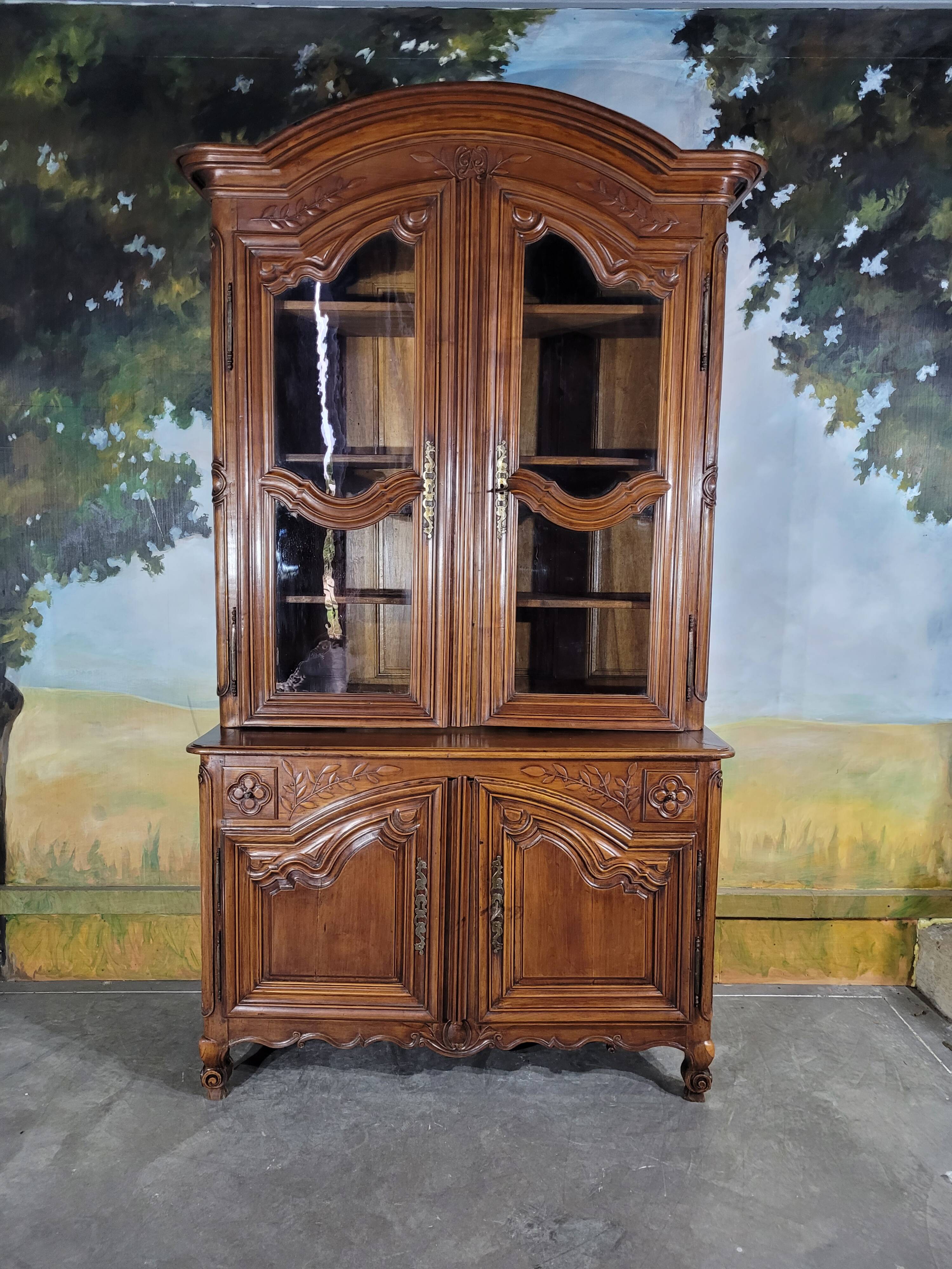 Louis XV period cherry wood sideboard with two glass panels