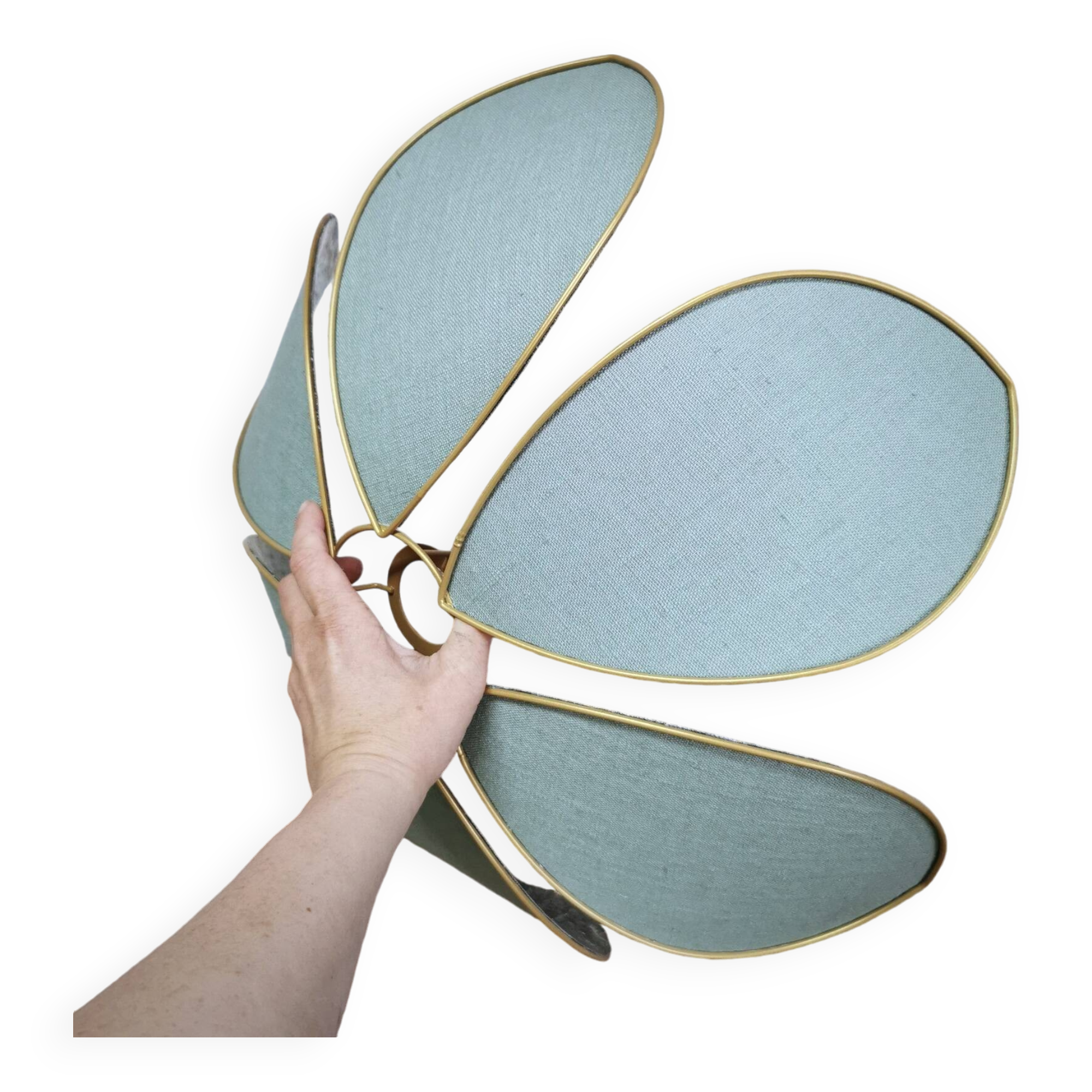 Flower suspension metal structure 6 petals in celadon green linen