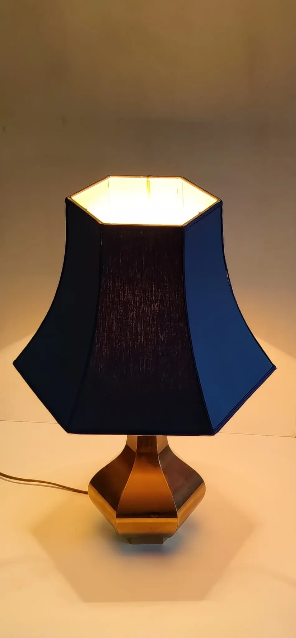 70's design table lamp in gold brass and blue fabric
