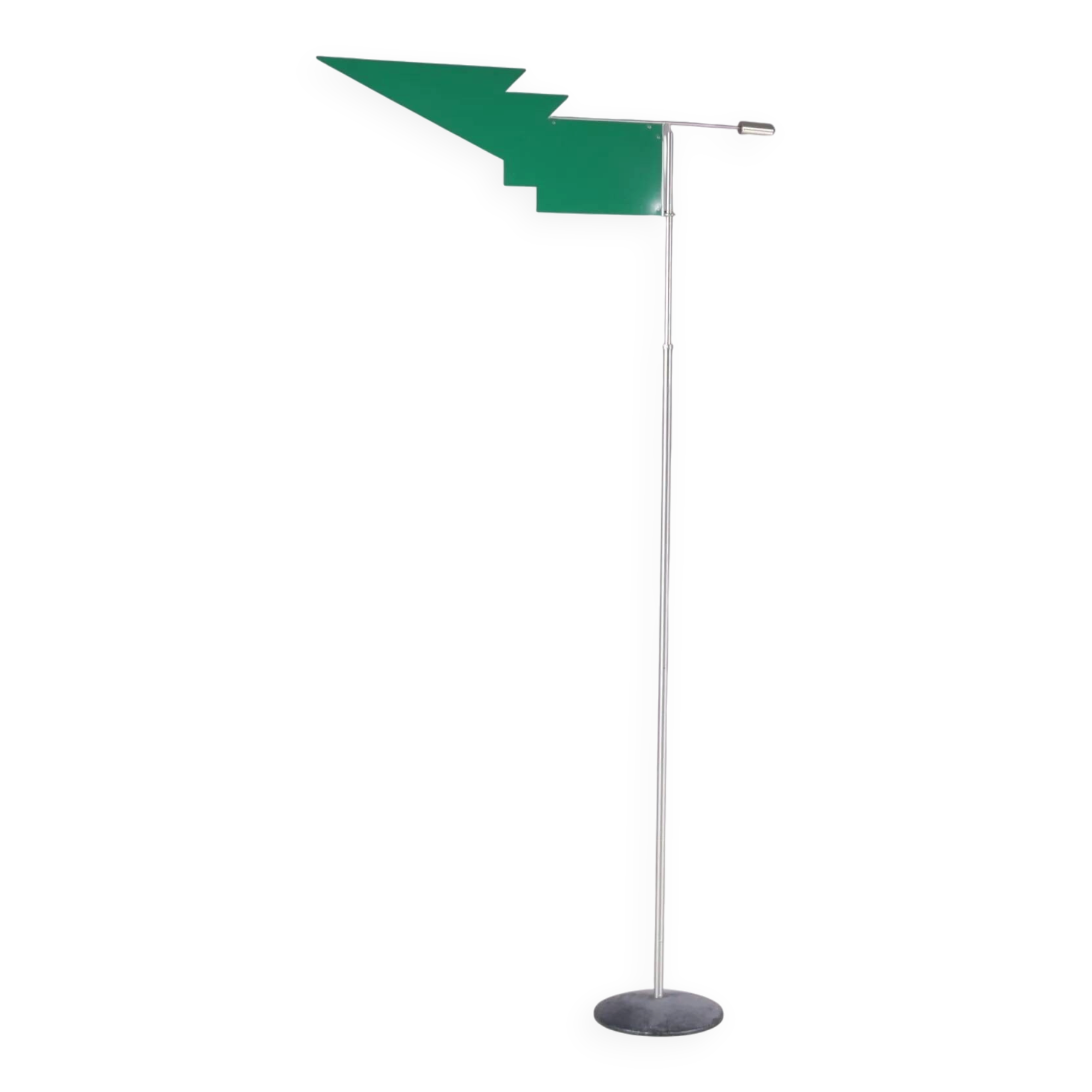 2000s wind sculpture/weathervane by Afra Scarpa and Tobia Scarpa, telescopic pole and stainless steel counterweight, green metal windvane for Dimensione Disegno